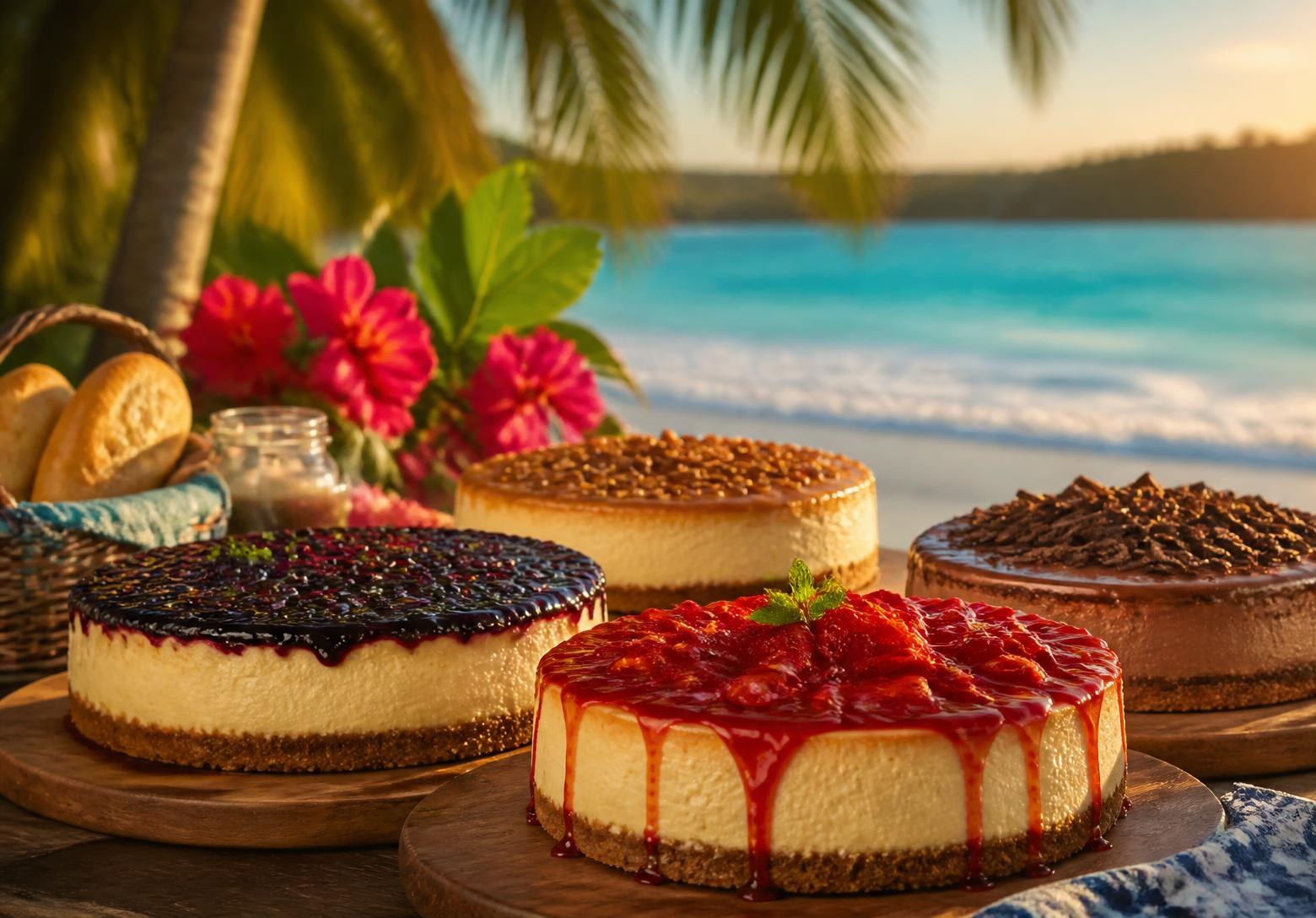 Gourmet cheesecakes and jars of bread and butter pickles on a Caribbean beach table