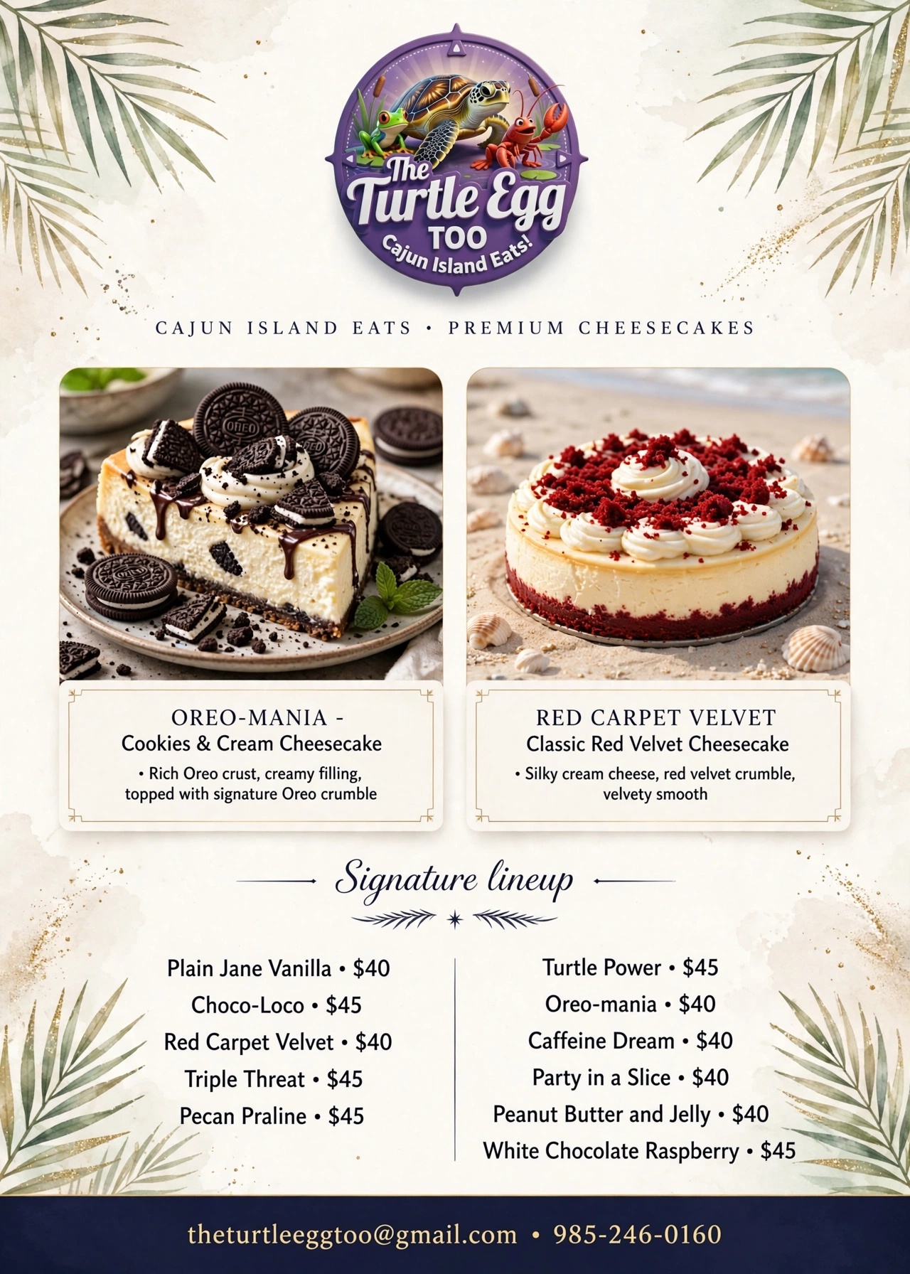 The Turtle Egg Too signature cheesecake lineup and prices