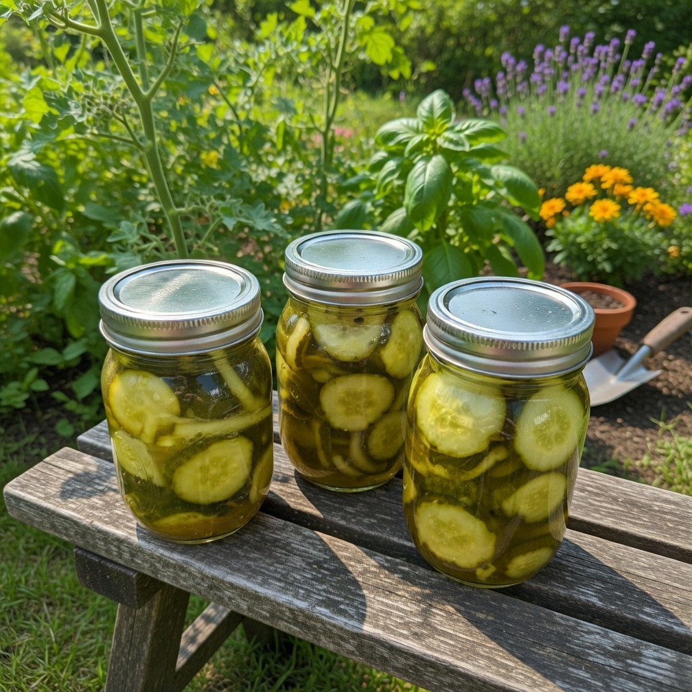 Jars of small-batch bread and butter pickles in the garden