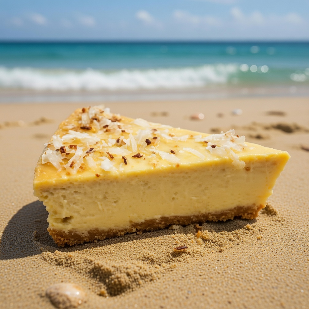 A slice of Turtle Egg Too cheesecake on a Caribbean beach